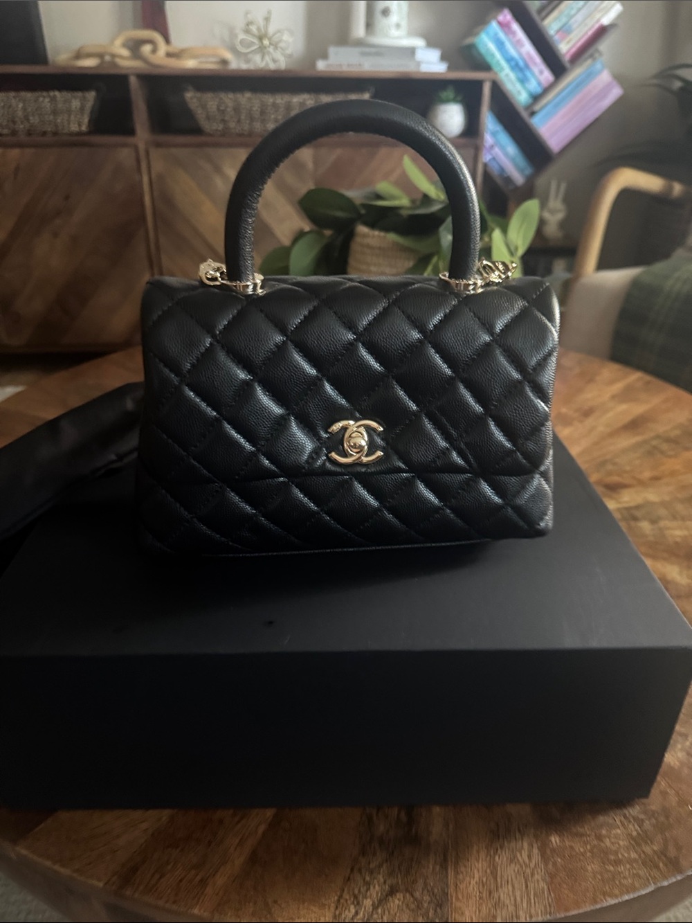 Black Quilted Leather CC Shoulder Bag with Gold Hardware